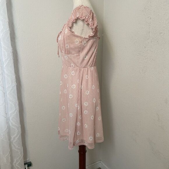 Y2K No Boundaries Pink Gingham Babydoll Dress Floral Milkmaid Cottagecore Size L - Picture 3 of 9